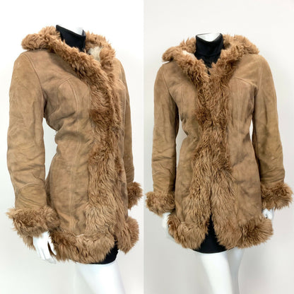 VINTAGE 60s 70s CAMEL BROWN SUEDE LEATHER SHEARLING FUR BOHO SHORT COAT 12 14