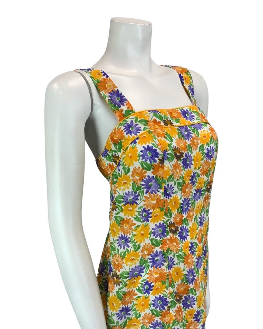 VINTAGE 60s 70s ORANGE YELLOW PURPLE GREEN FLORAL DAISY STRAPPY MIDI DRESS 12 14