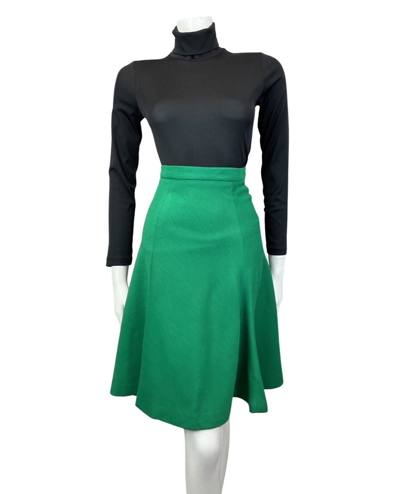 VINTAGE 60s 70s BRIGHT APPLE GREEN MOD SWING KNEE-LENGTH SKIRT 6