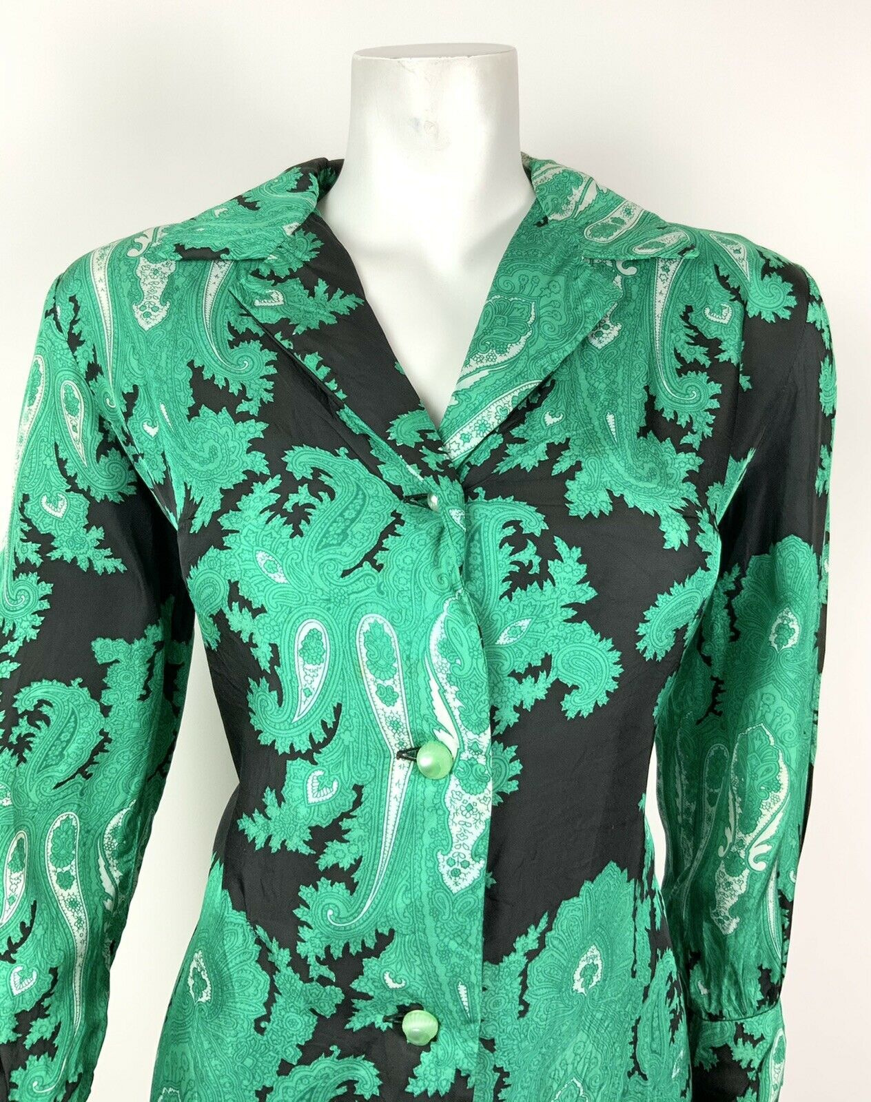 VINTAGE 60s 70s BLACK GREEN WHITE FLORAL PAISLEY PSYCHEDELIC SHIRT DRESS 10 12