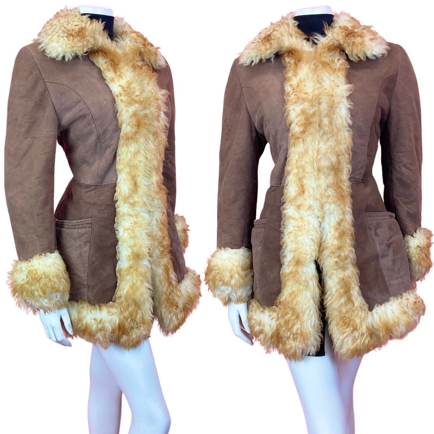 VINTAGE 60s 70s PEANUT BROWN CREAM SUEDE BOHO PENNY LANE SHEARLING COAT 10 12