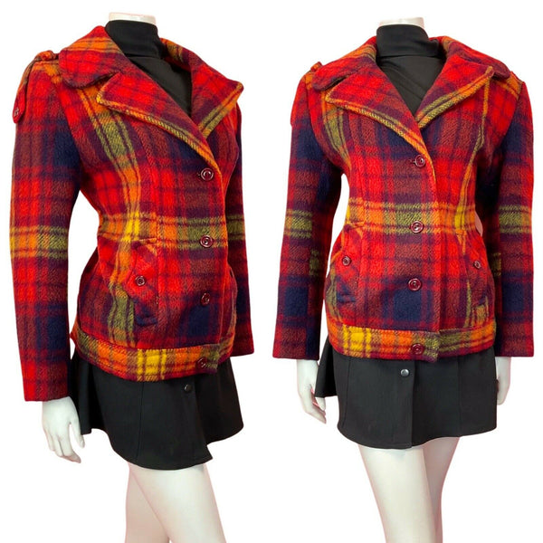 VINTAGE 60s 70s RED BLUE YELLOW TARTAN CHECKED MOD WOOL SHORT COAT 12 14