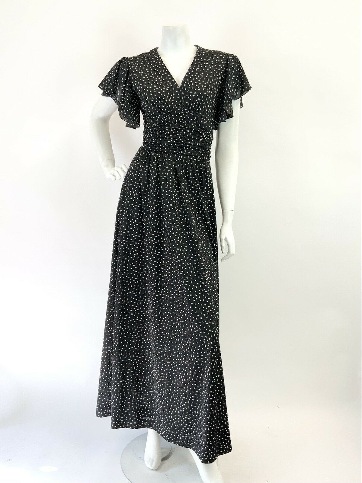 VINTAGE 60s 70s BLACK WHITE POLKA-DOT DASH RUFFLED FLARED SUMMER MAXI DRESS 8 10