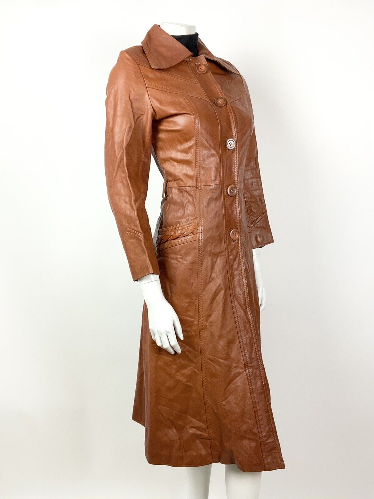 VTG 60s 70s TAN ORANGE BROWN DAGGER COLLAR MOD LONG LEATHER COAT 6 8