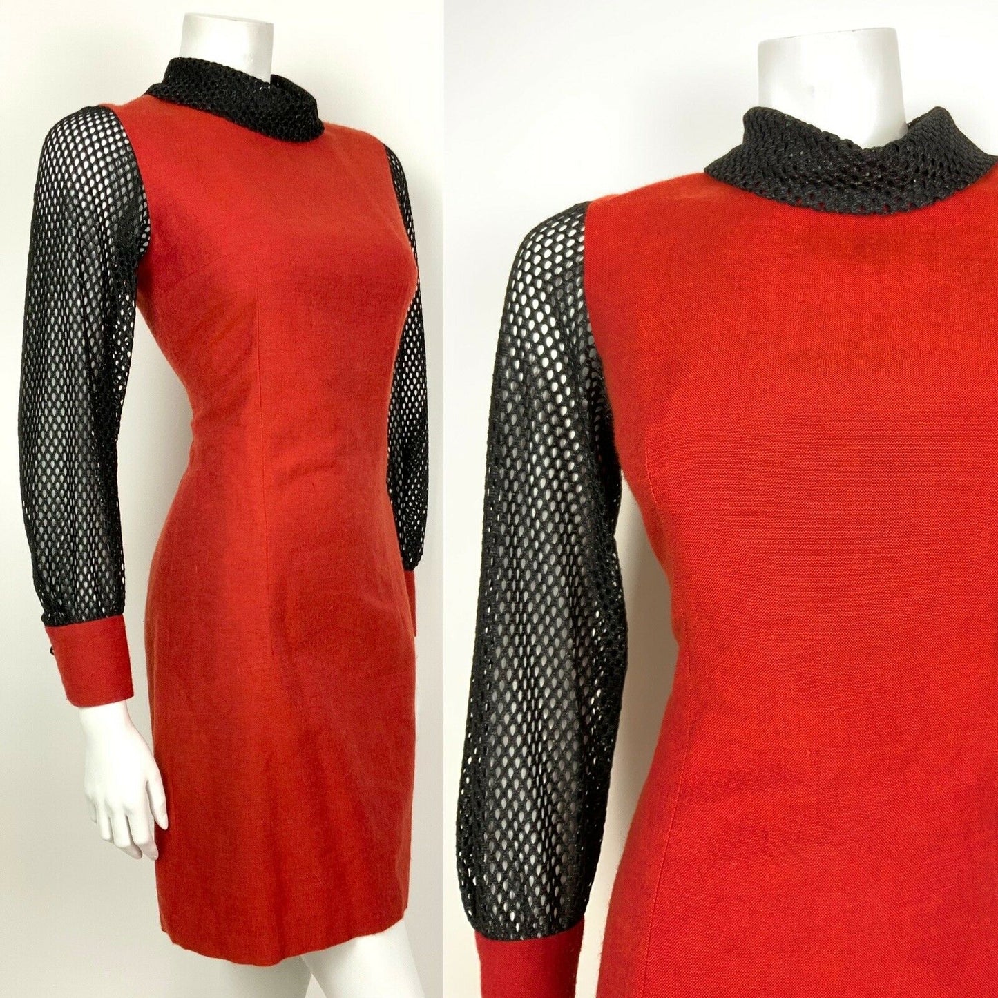 VINTAGE 60s 70s RUST RED BLACK GLITTER MESH FITTED DRESS 8