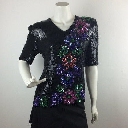 VINTAGE 80S SEQUIN BLACK PINK PURPLE, GREEN BLUE FLOWER TOP 10 12