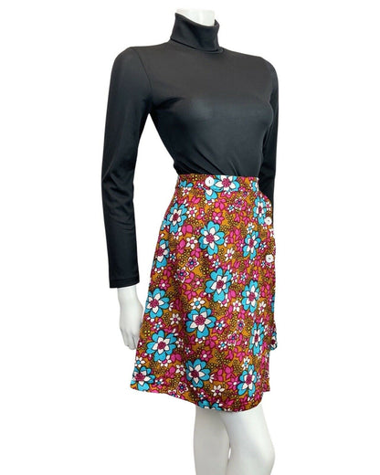 VINTAGE 60s 70s BROWN PINK BLUE FLORAL DAISY PSYCHEDELIC MOD WRAP SHORT SKIRT 8