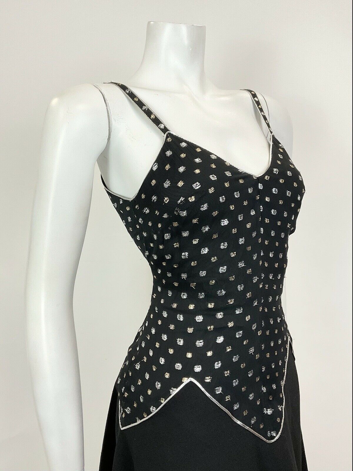 VINTAGE 60s 70s BLACK SILVER GOLD DOTTY DISCO STUDIO 54 STRAPPY SWING DRESS 10