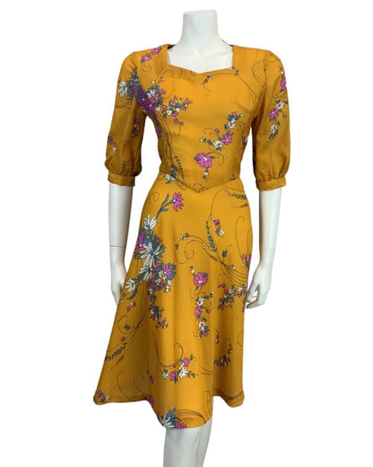 VINTAGE 60s 70s ORANGE MUSTARD YELLOW PINK BLUE FLORAL PRINT MIDI DRESS 10 12