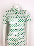VINTAGE 60s 70s POLKA DOT SPOTTY WHITE GREEN SHIRT DRESS 8 10