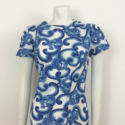 60S VINTAGE BLUE TURQUOISE WHITE PAISLEY PATTERN DRESS 12