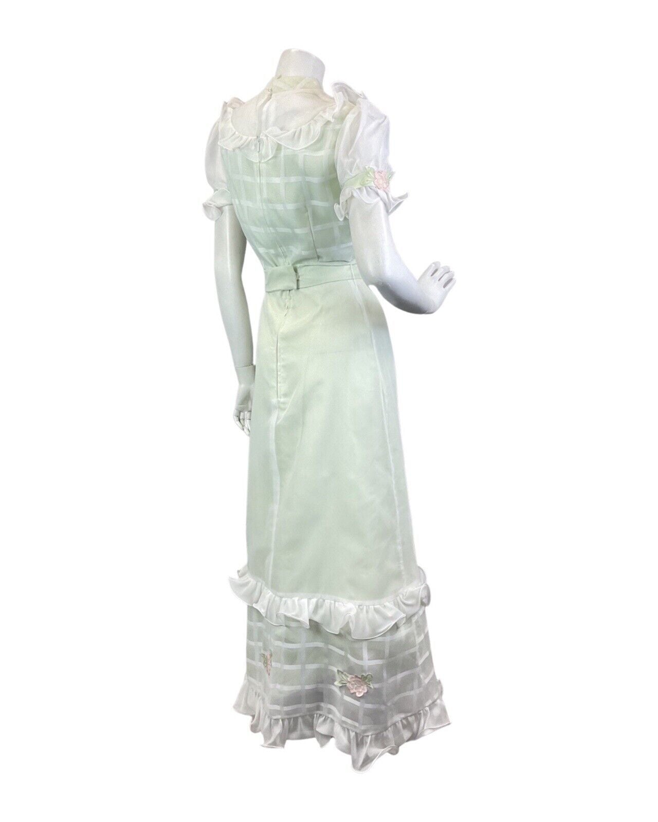 VINTAGE 60s 70s PISTACHIO GREEN WHITE RUFFLED ROSE SHEER PRAIRIE MAXI DRESS 8