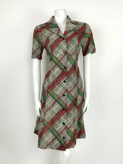 VTG 60s 70s WHITE BLACK RED GREEN GEOMETRIC CHECKERED TARTAN SHIRT DRESS 10 12