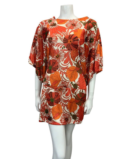 VTG 60s 70s WHITE RED ORANGE GREEN FLORAL PSYCHEDELIC BACKLESS MINI DRESS 8 10