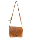 VINTAGE 60s 70s TAN BROWN WOODEN PEG BOHO LEATHER SHOULDER BAG