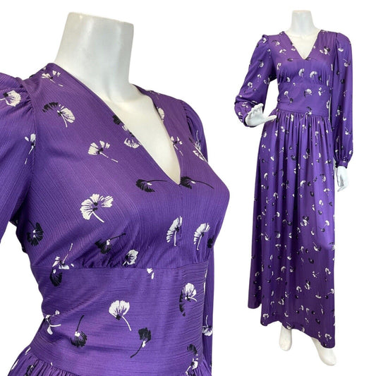 VINTAGE 60s 70s PURPLE BLACK WHITE FLORAL DANDELION LONGSLEEVE MAXI DRESS 10 12