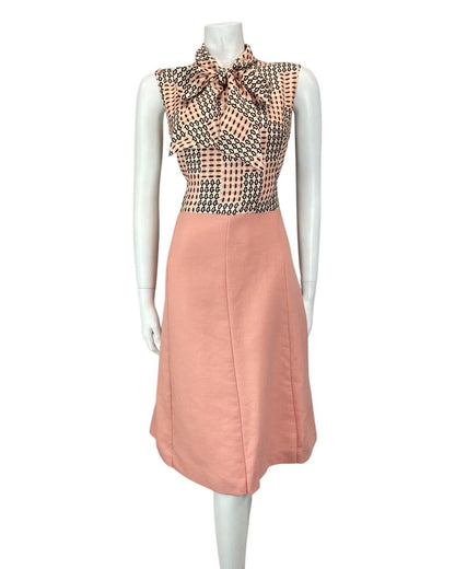 VINTAGE 60s 70s PINK PEACH BLACK GEOMETRIC PUSSYBOW SLEEVELESS DRESS 12