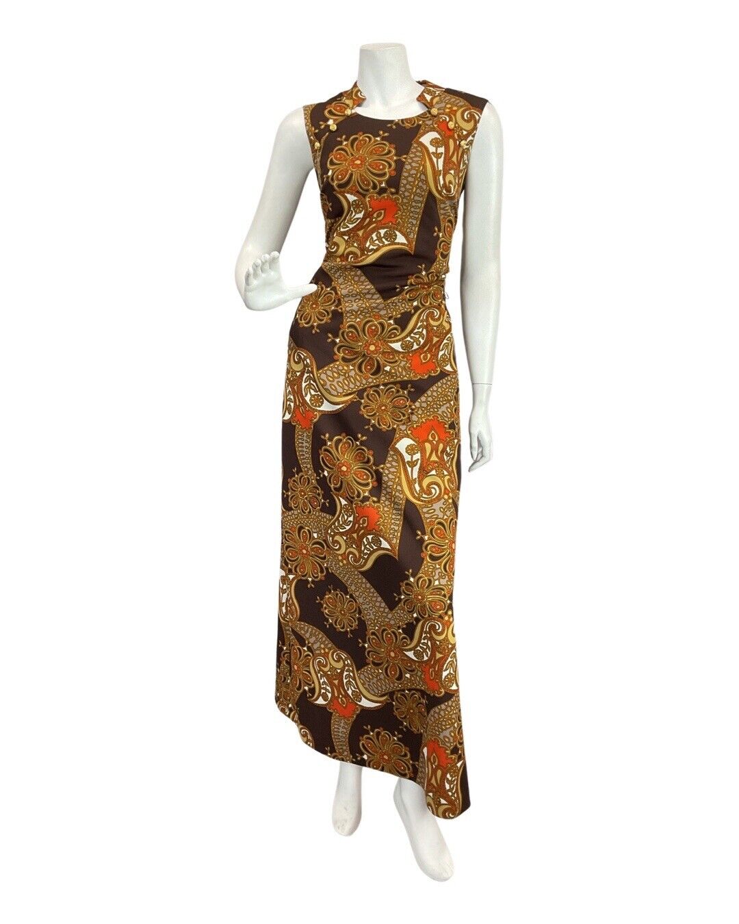 VTG 60s 70s BROWN ORANGE EIGE PSYCHEDELIC FLORAL MOD SLEEVELESS MAXI DRESS 10 12