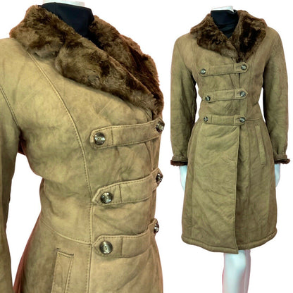 VINTAGE 60s 70s PEANUT BROWN SUEDE LEATHER DOUBLE-BREASTED SHEARLING COAT 14