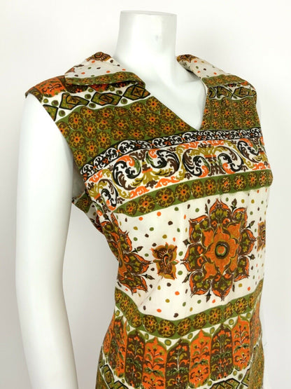 VTG 60s 70s GREEN ORANGE BROWN WHITE FLORAL ORNATE MANDALA SUMMER DRESS 14 16