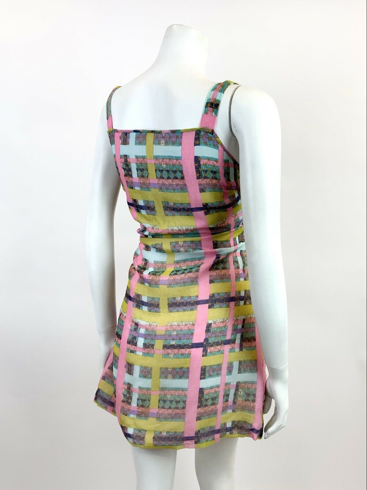 VINTAGE 60s 70s BLUE PINK YELLOW CHECKED BATIK MOD SHEER STRAPPY MINI DRESS 6 8