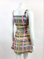 VINTAGE 60s 70s BLUE PINK YELLOW CHECKED BATIK MOD SHEER STRAPPY MINI DRESS 6 8