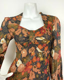 VTG 60s 70s BLACK ORANGE RED GOLD GLITTER LUREX FLORAL SWEETHEART MAXI DRESS 8