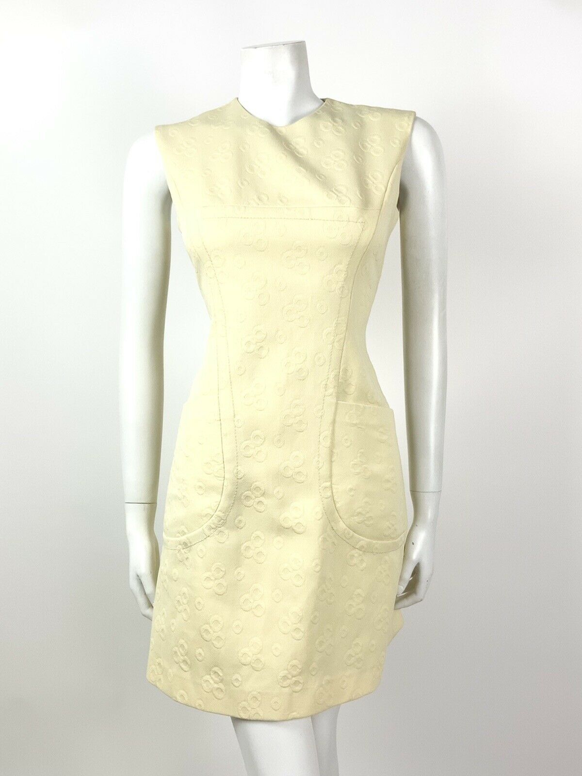 VINTAGE 60s 70s YELLOW CREAM CIRCLE MOD SLEEVELESS MINI DRESS 10 12