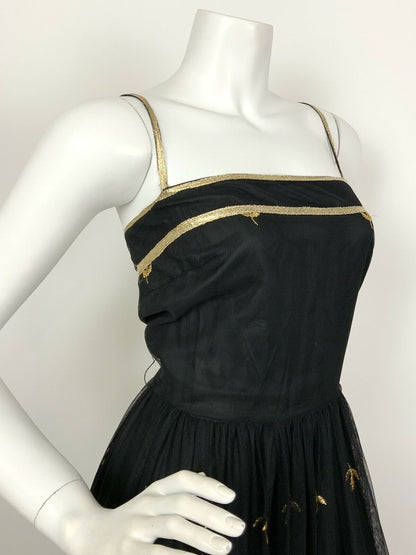 VINTAGE 60s 70s BLACK GOLD EMBROIDERED LEAF STUDIO 54 STRAPPY MESH MAXI DRESS 8