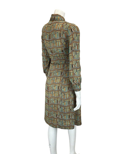 VINTAGE 60s 70s GREEN YELLOW BLACK STRIPED ZIG-ZAG GEOMETRIC SHIRT DRESS 10