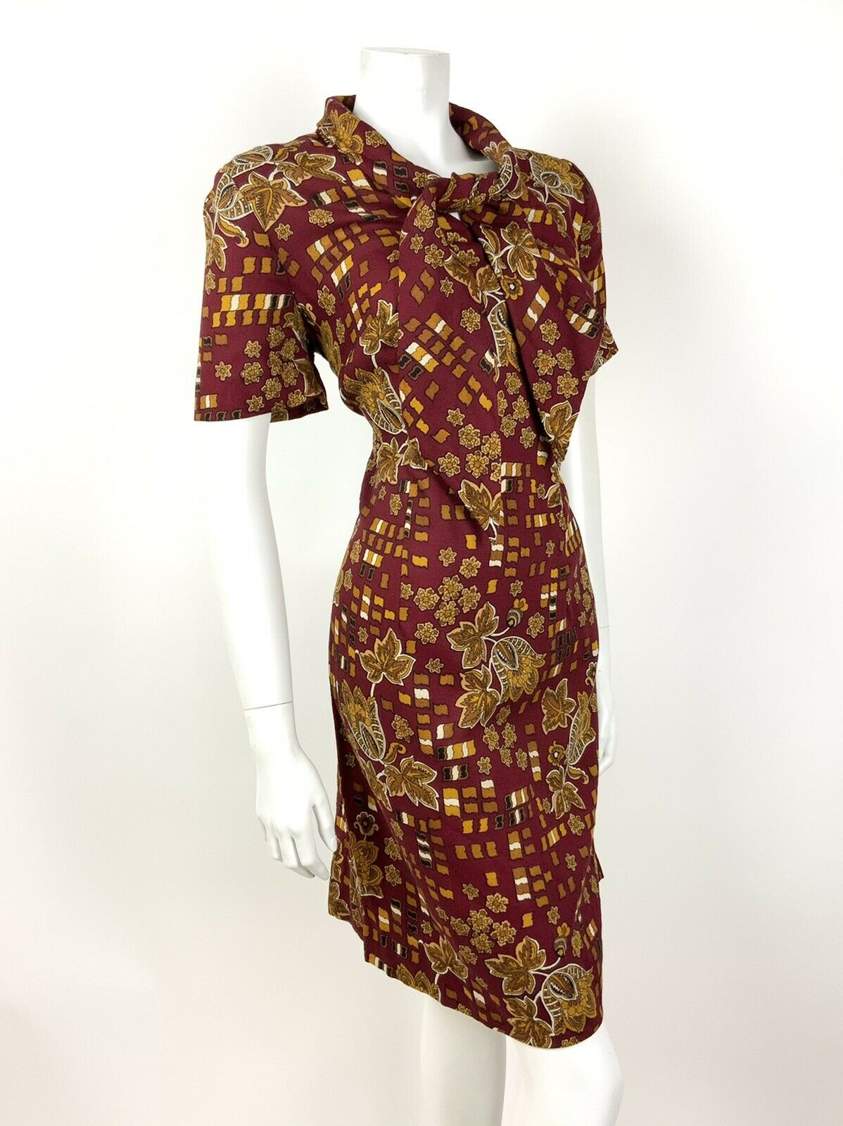 VINTAGE 60s 70s RED BROWN GOLD BLACK FLORAL PAISLEY SQUARE SHIFT DRESS 14 16