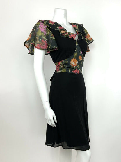 VINTAGE 60s 70s BLACK FLORAL DRESS A-LINE RUFFLE GREEN ORANGE RED 8 10