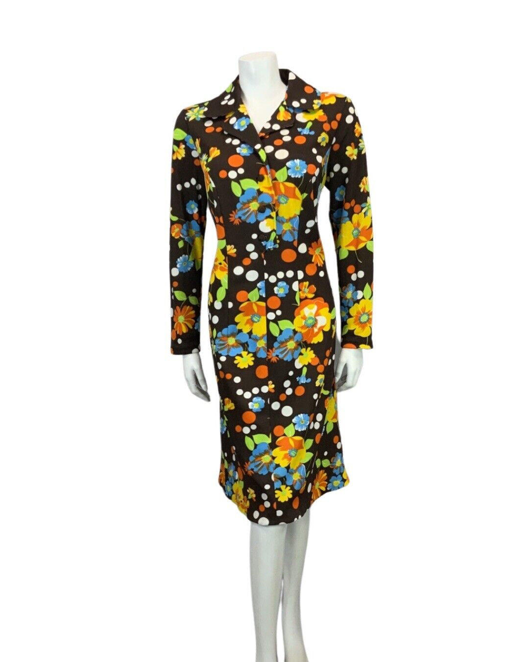 VTG 60s 70s BROWN ORANGE YELLOW FLORAL SPOTTY PSYCHEDELIC MOD SHIRT DRESS 14