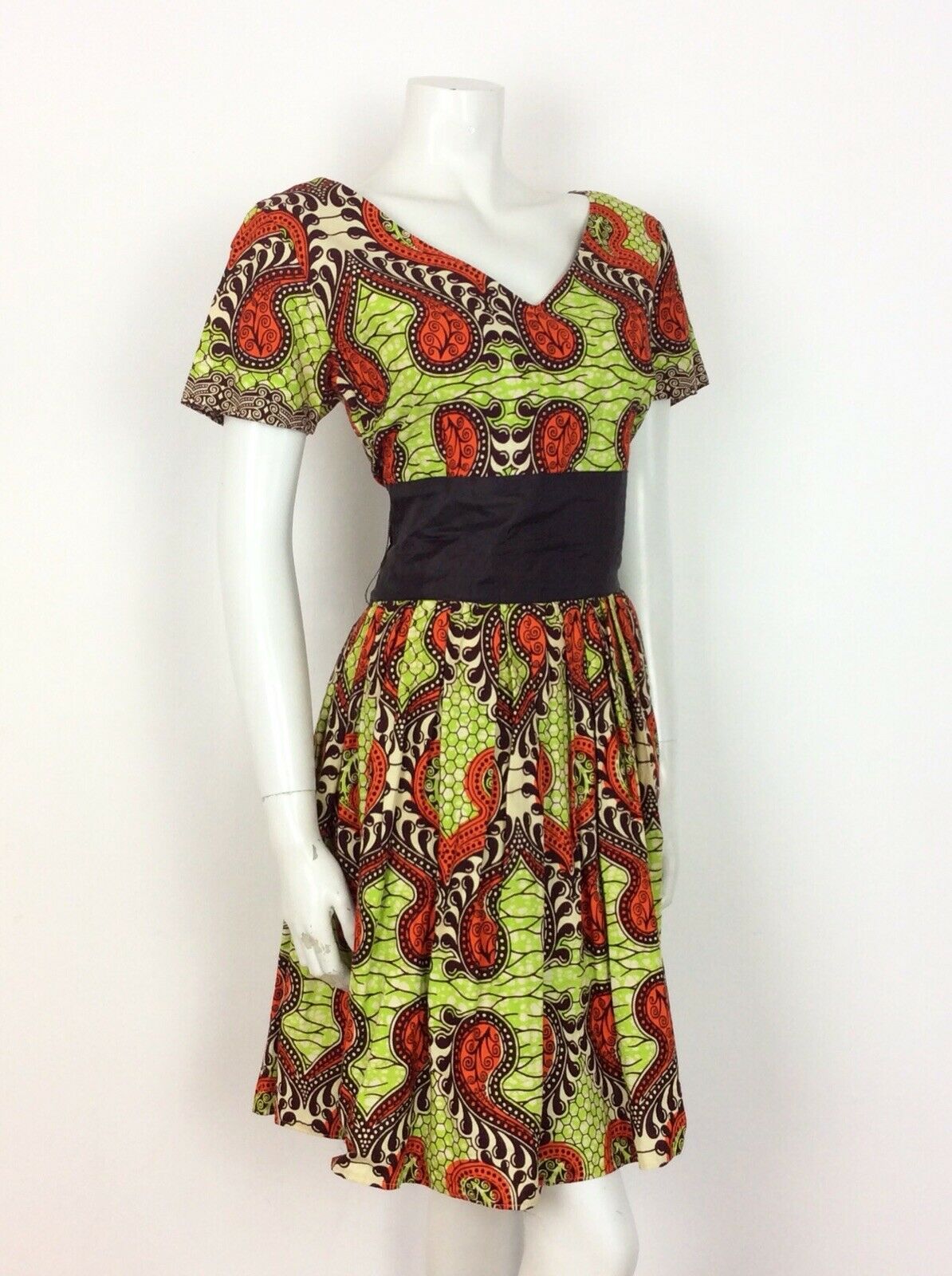 VINTAGE 60s 70s DRESS PSYCHEDELIC ANIMAL PRINT BATIK LIME GREEN ORANGE BLACK 14