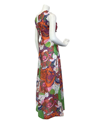 VTG 60s 70s ORANGE BLUE WHITE PSYCHEDELIC FLORAL LEAFY SLEEVELESS MAXI DRESS 12