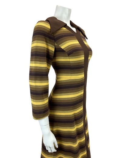 VINTAGE 60s 70s BROWN YELLOW STRIPED MOD BOHO DAGGAR COLLAR MIDI DRESS 10 12