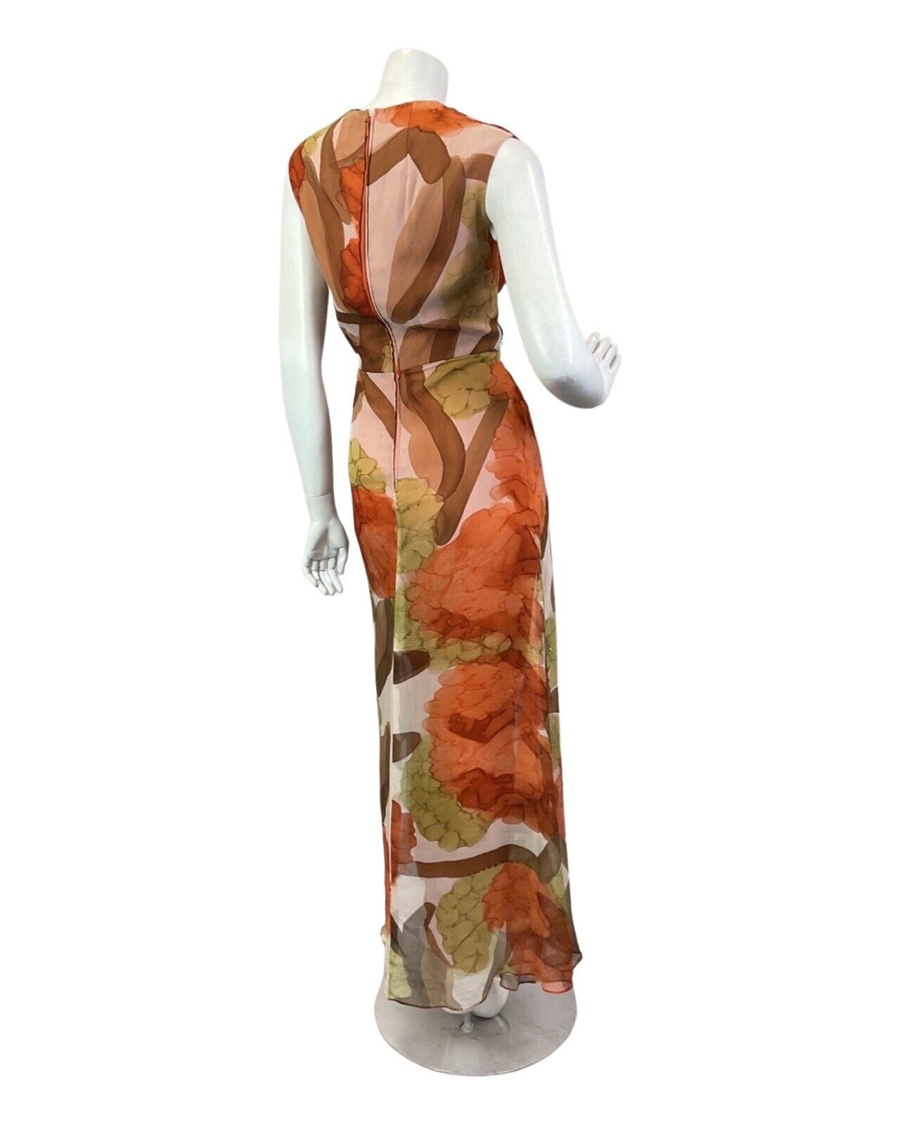 VINTAGE 60s 70s ORANGE BROWN GREEN PSYCHEDELIC ABSTRACT SUMMER MAXI DRESS 10