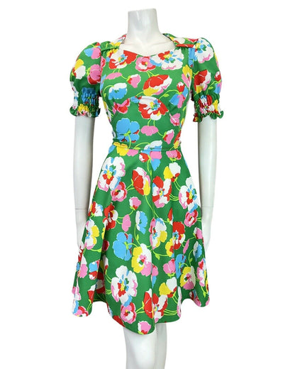 VINTAGE 60s 70s GREEN RED BLUE WHITE FLORAL POPPY PUFF SLEEVE MOD DRESS 10 12