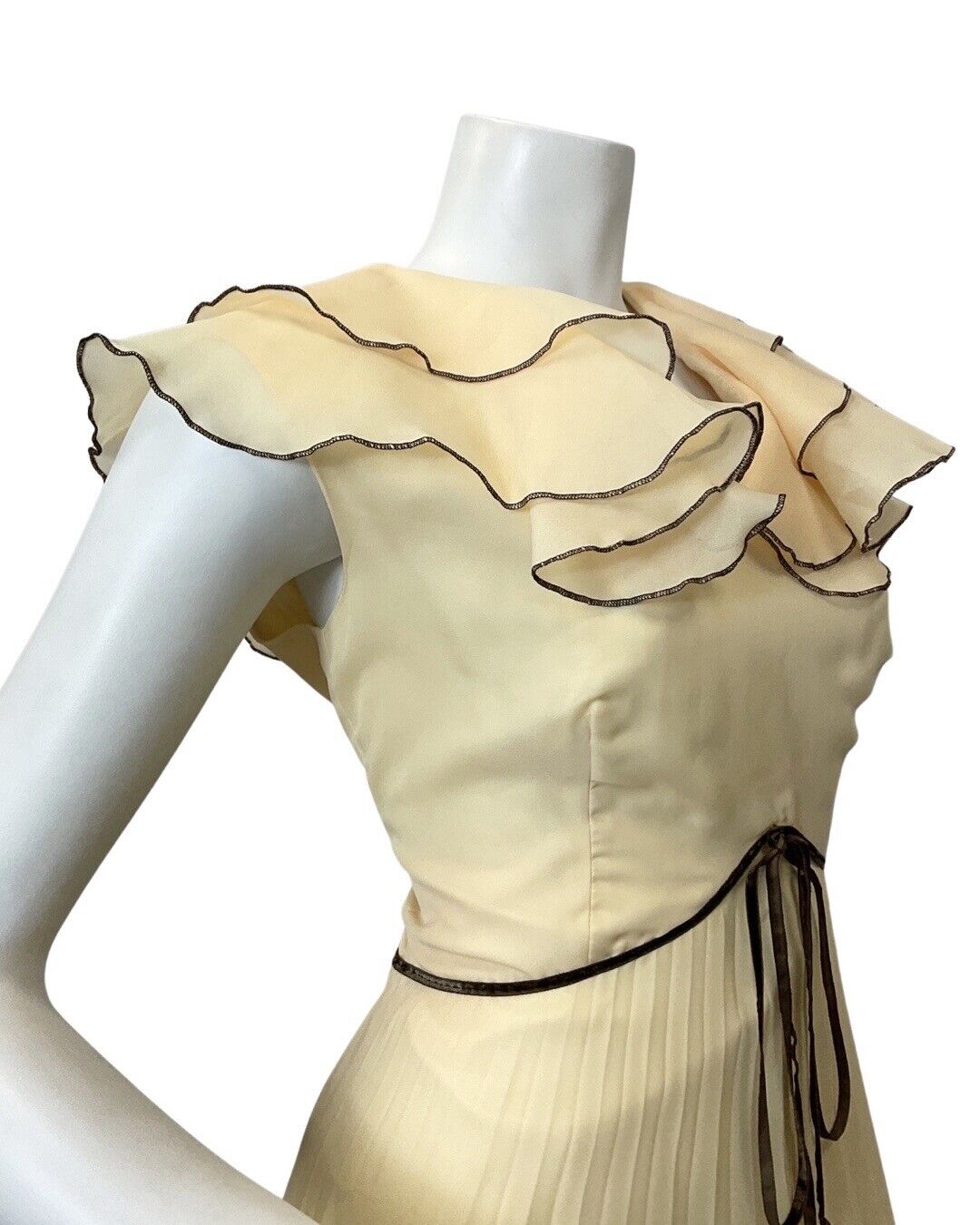 VINTAGE 60s 70s PALE YELLOW BROWN RUFFLED PLEATED ELEGANT GOWN MAXI DRESS 10 12