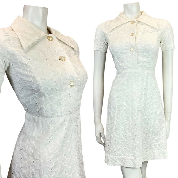 VINTAGE 60s 70s WHITE EMBROIDERED CUT-WORK DAGGER COLLAR MOD SHIRT DRESS 6 8