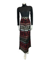 VINTAGE 60s 70s BLACK SILVER RED METALLIC EMBROIDERED GEOMETRIC MAXI SKIRT 8 10