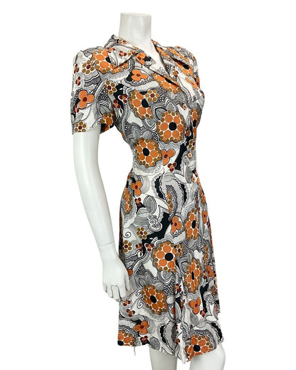 VINTAGE 60S 70S WHITE ORANGE BROWN BLACK FLORAL PSYCHEDELIC MOD DRESS 14