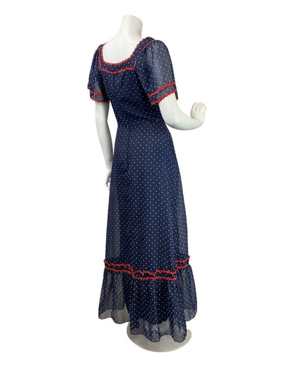 VINTAGE 60s 70s NAVY BLUE WHITE POLKA-DOT RIC-RAC MOD SHEER RUFFLED MAXI DRESS 8