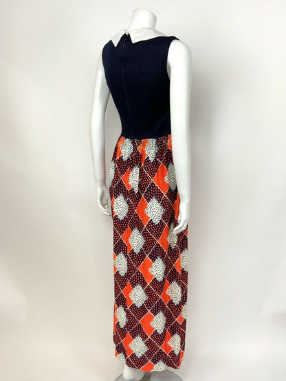 VTG 60s 70s BLUE MAXI DRESS WHITE WING COLLAR ORANGE ABSTRACT SPOT GEOMETRIC 10