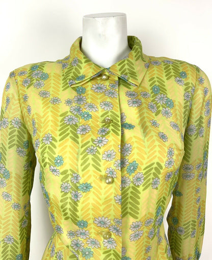 VINTAGE 60s 70s LIME GREEN LILAC BLUE HERRINGBONE FLORAL DAISY SHIRT DRESS 10 12