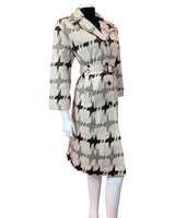 VINTAGE 60s 70s STYLE CREAM BROWN ABSTRACT DOGTOOTH BELTED MOD MIDI COAT 14 16