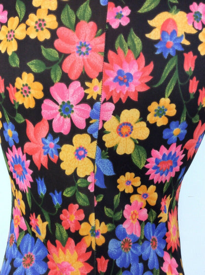 VINTAGE 60s 70s BEIGE PSYCHEDELIC BLACK ORANGE BLUE FLORAL DRESS 10 12