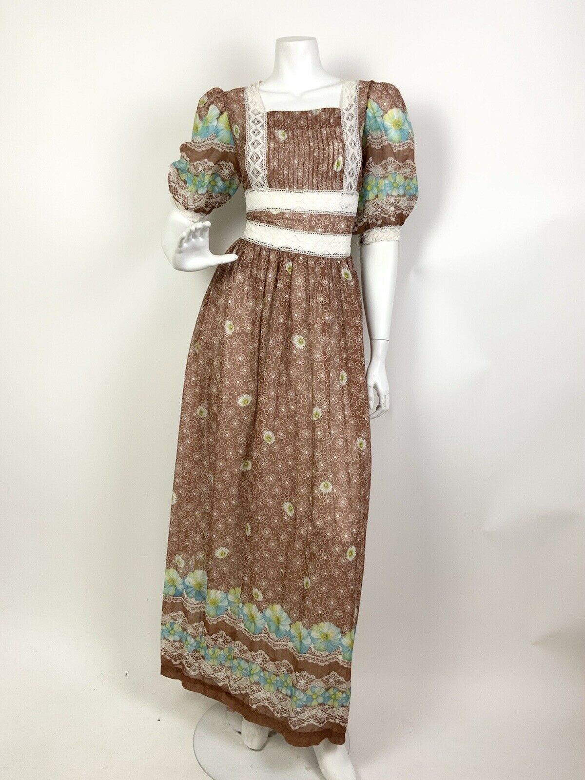 VTG 60s 70s BROWN WHITE BLUE FLORAL DOTTY LACE BOHO FOLK PRAIRIE MAXI DRESS 8