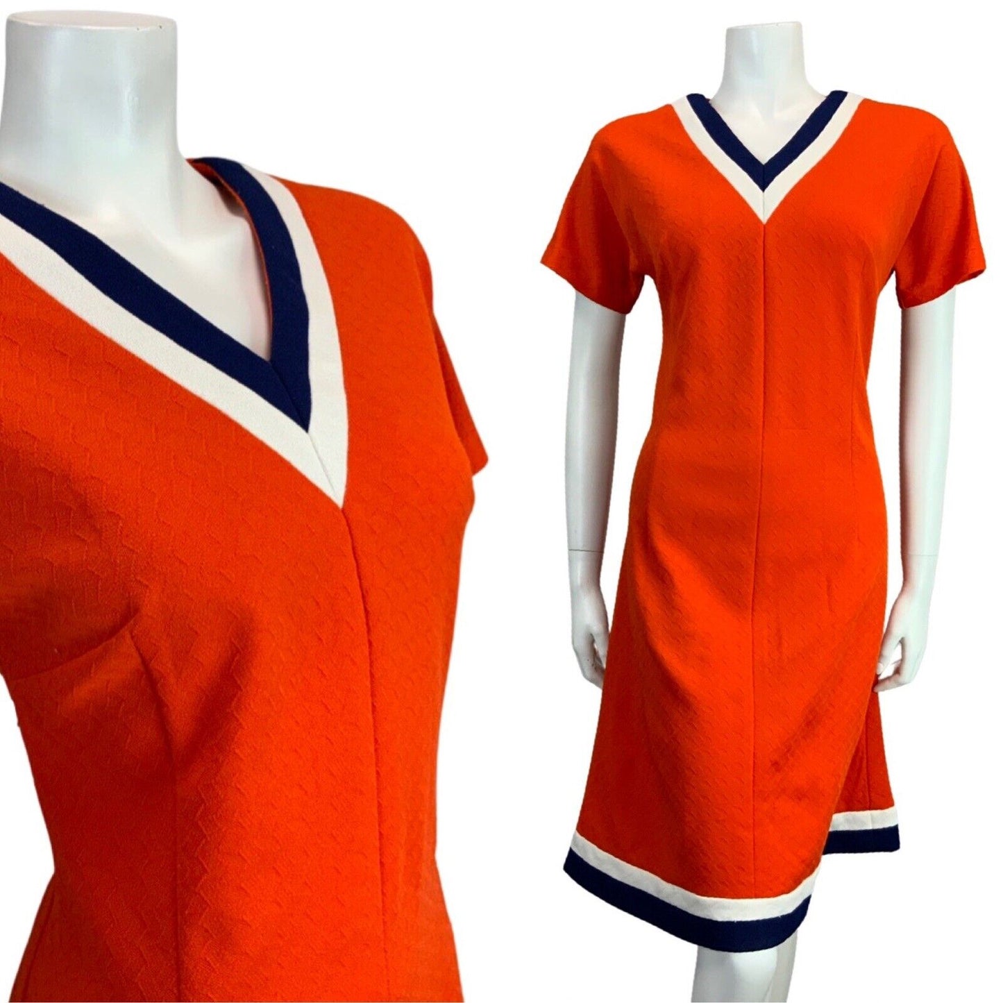 VINTAGE 60s 70s ORANGE NAVY BLUE WHITE MINI MOD NAUTICAL DRESS 10 12