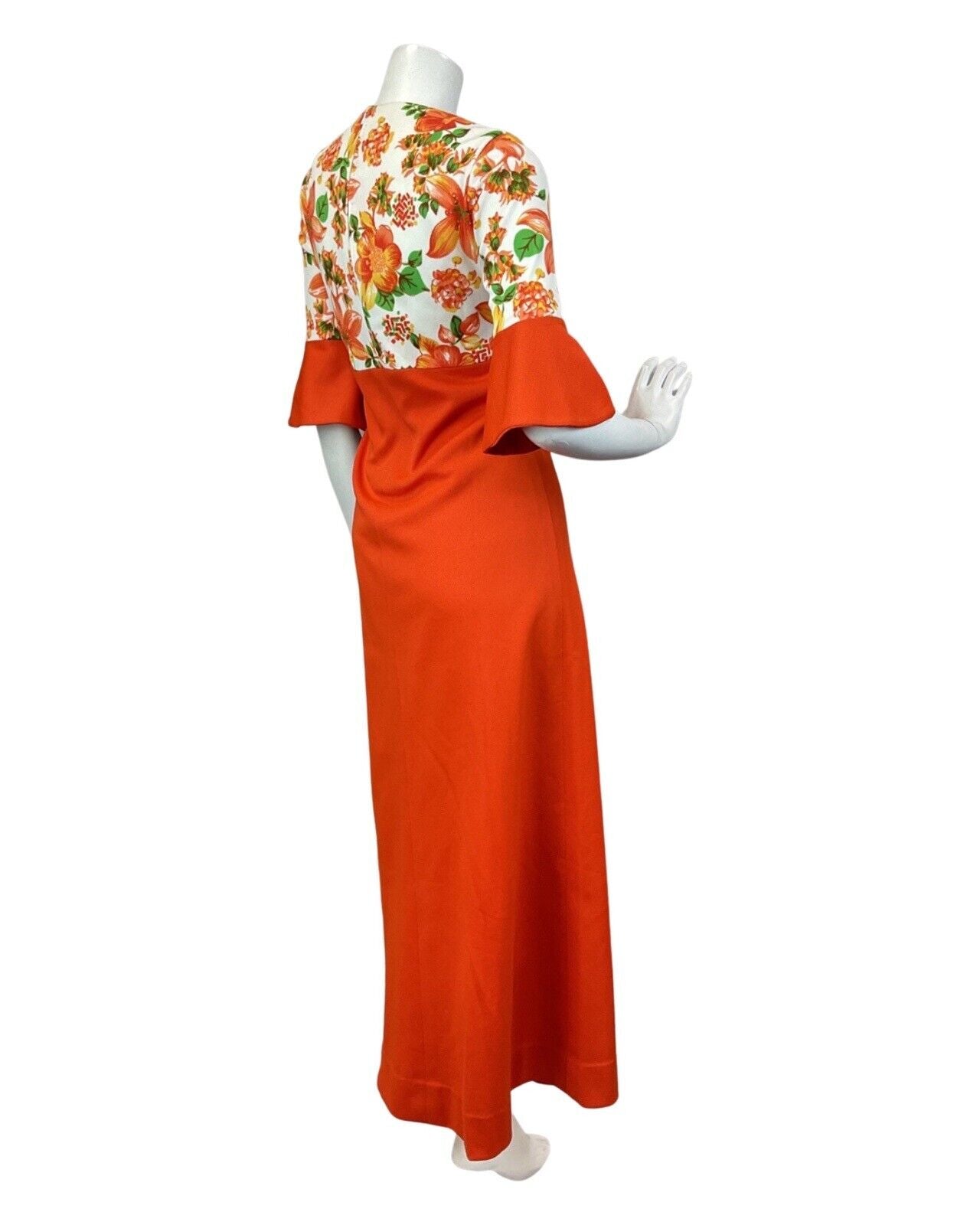 VTG 60s 70s ORANGE GREEN WHITE FLORAL EMPIRE FLOUNCE SLEEVE MOD MAXI DRESS 12